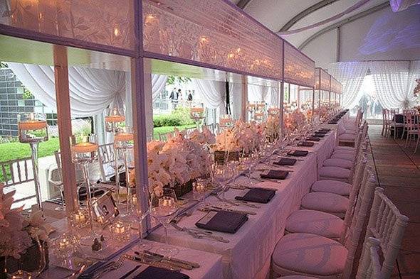 Purple and white wedding reception