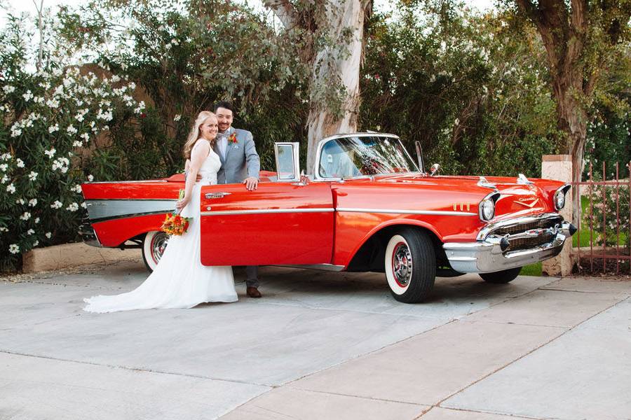 Bridal Couple with 57' Chevy in Chandler, Arizona by Sipper Photography