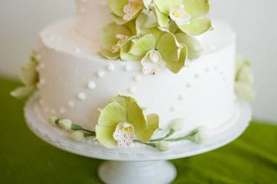 Two-tier white dotted buttercream cake with green cymbidium orchids.  Photo credit:  JenHuangPhotography.com