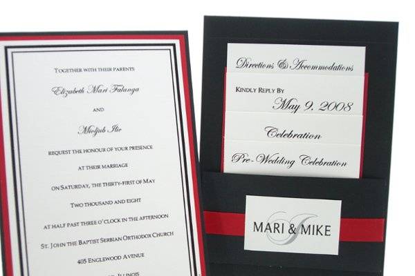 The challenge for this wedding was to come up with a pocket style invitation that had never been done ... the result was this back-pack style pocket with the invite on the front and the cards in the back.  It was adorn with a red satin ribbon and monogram.