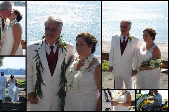 a Hawaiian theme wedding on the beach of the Columbia River. Lei exchange. White tuxedo, white gown. Beverly Mason Officiant in Portland performed ceremony and provided photography.