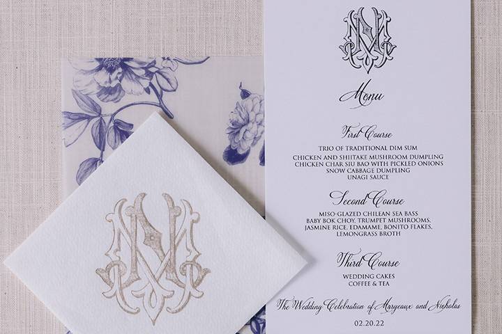 Personalized napkin and menu.