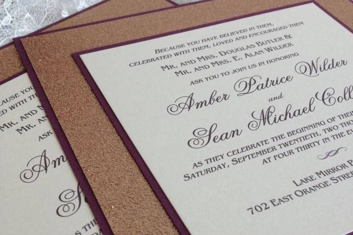 Contemporary, rustic and eco-friendly...  textured and recycled papers with raffia embellishments on this wedding invitation featuring 'pull-out' inserts.  Totally customizable to your event!