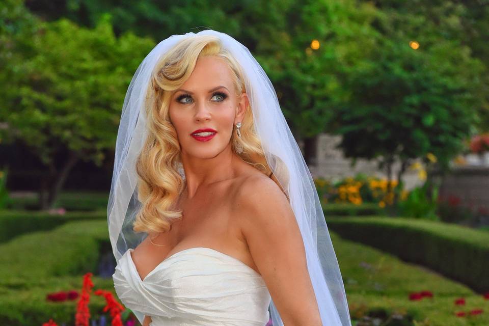 McCarthy/Wahlberg Wedding at Hotel Baker in St. Charles, Illinois. Jenny McCarthy in the Rose Garden at Hotel Baker. Photo by Brian Babineau. www.HotelBaker.com