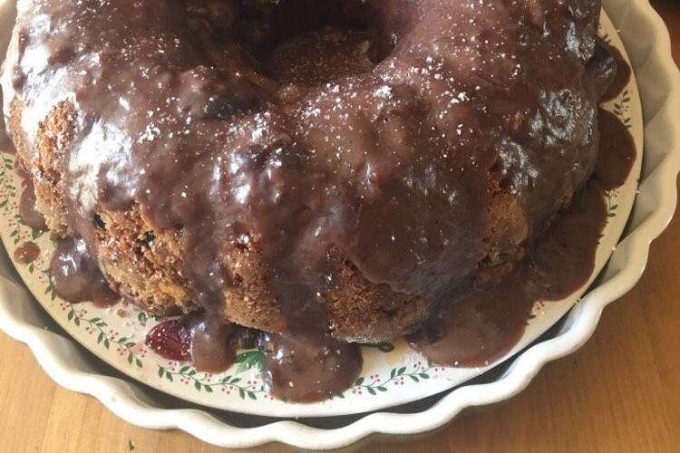 Spiced Chocolate Coffee Cake with Cherry-Redeye Caramel Drizzle