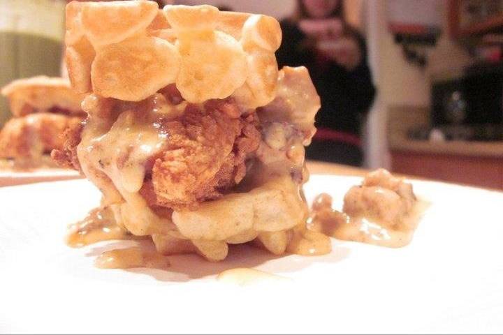 Southern Fried Chicken and Maple Waffle Slider Dressed in Home-cured Sausage Gravy