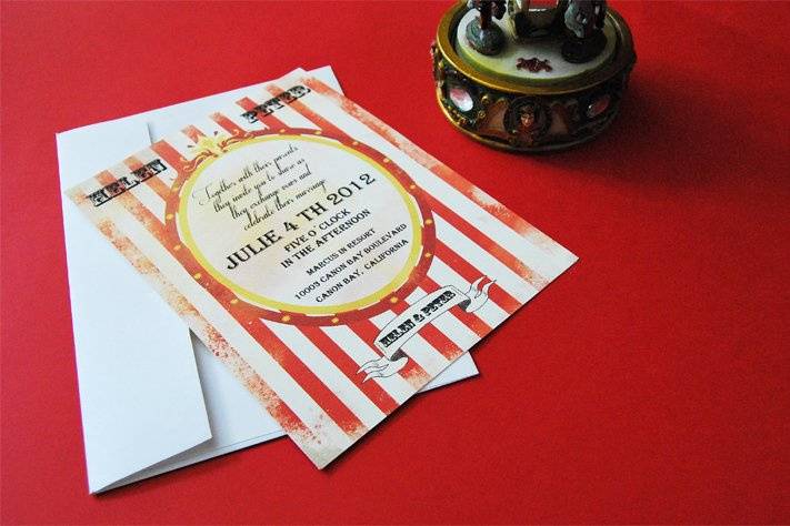 Circus style invitation
Invitation designed by Menta Designs studio. It's based in old circus posters from the 19th century. Size is 15,5 x 21,5 cm, printed in Rives Disgns paper of 250 grams. Each invitation comes along with a Rives Designs envelope of 100 grams.