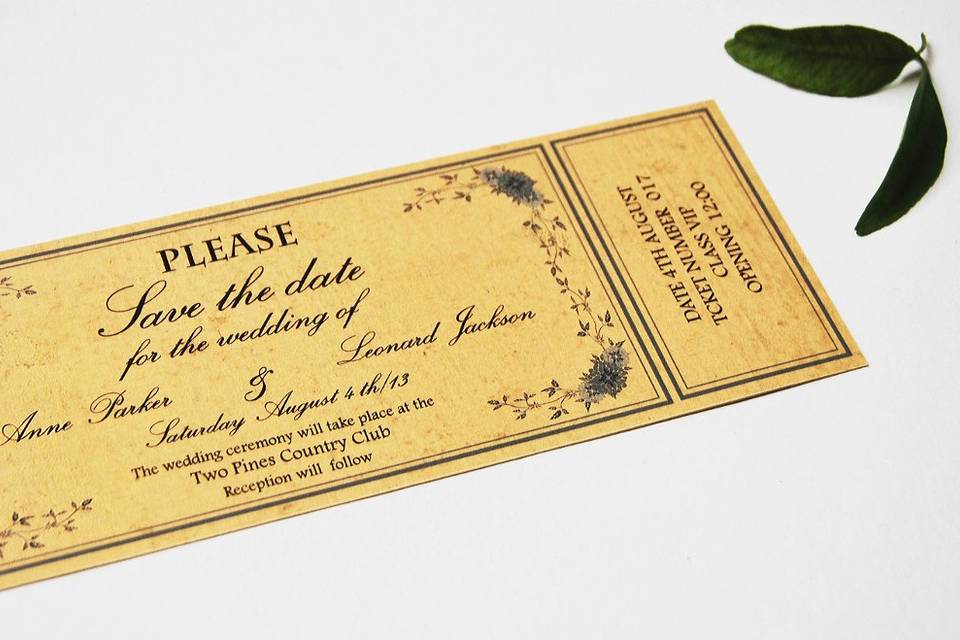 Early 20th century invitation ticket
Original vintage style wedding invitation. Designed by Menta Designs studio. Size is 9x19 cm and printed in Rives paper of 250 grams. Each invitation comes along with it's matching envelope.