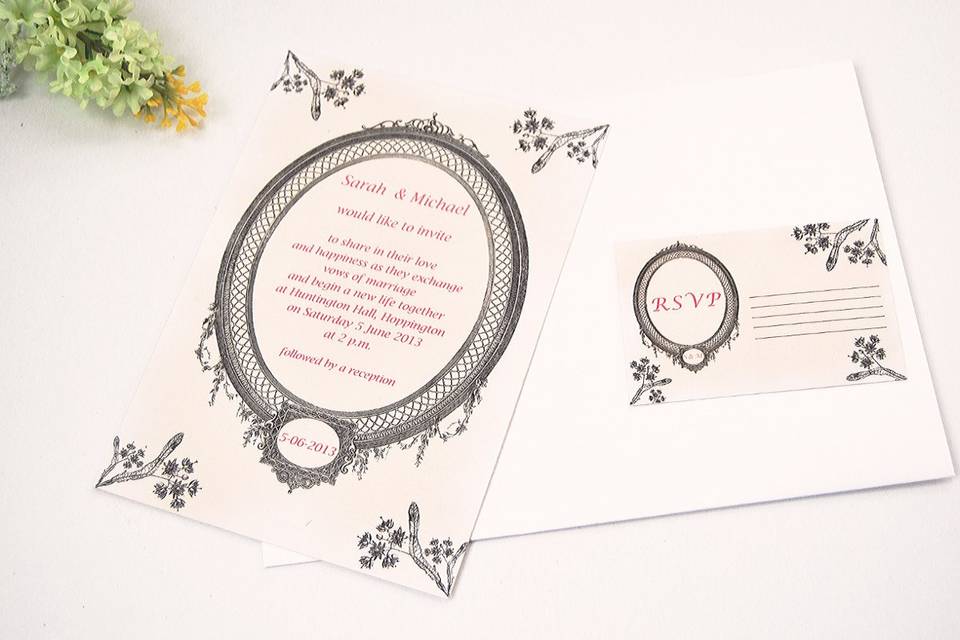 18th century invitation
Invitation designed by Menta Designs studio with decorative original vintage motifs. Size is 15.5x21.5 cm. They're printed in 250 grams Rives Designs paper.