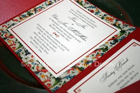 Vibrant Italian pocket-fold invitation accented with colorful, gold Florentine paper