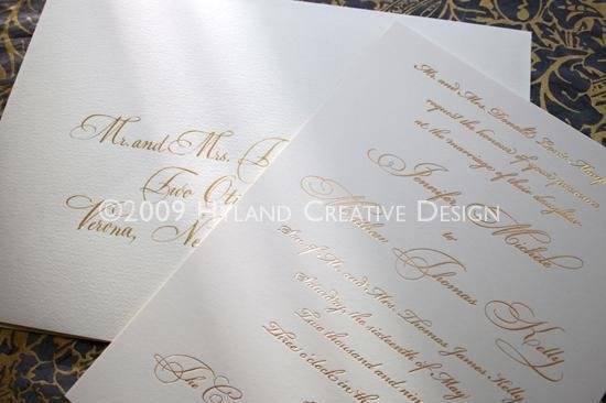 Stunning, simple and elegant invitation that is gold-foiled on a thick, cotton paper. Coordinated lined inner and outer envelopes are hand-calligraphied in gold ink.