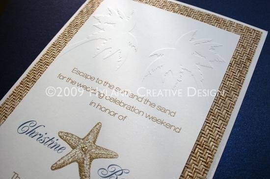 One-of-a-kind custom starfish illustration and palm tree emboss accented with Japanese woven paper. Perfect for the South Beach wedding.