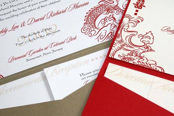 The bride wanted red and the groom wanted gold! We gave them both. A dragon and phoenix design is incorporated throughout.