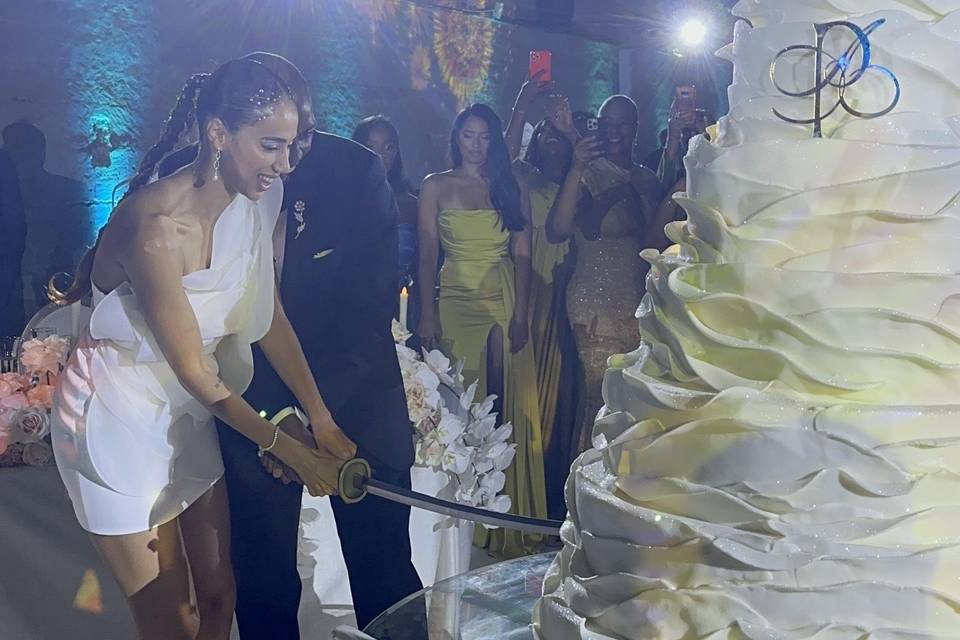 Newlyweds cutting the cake