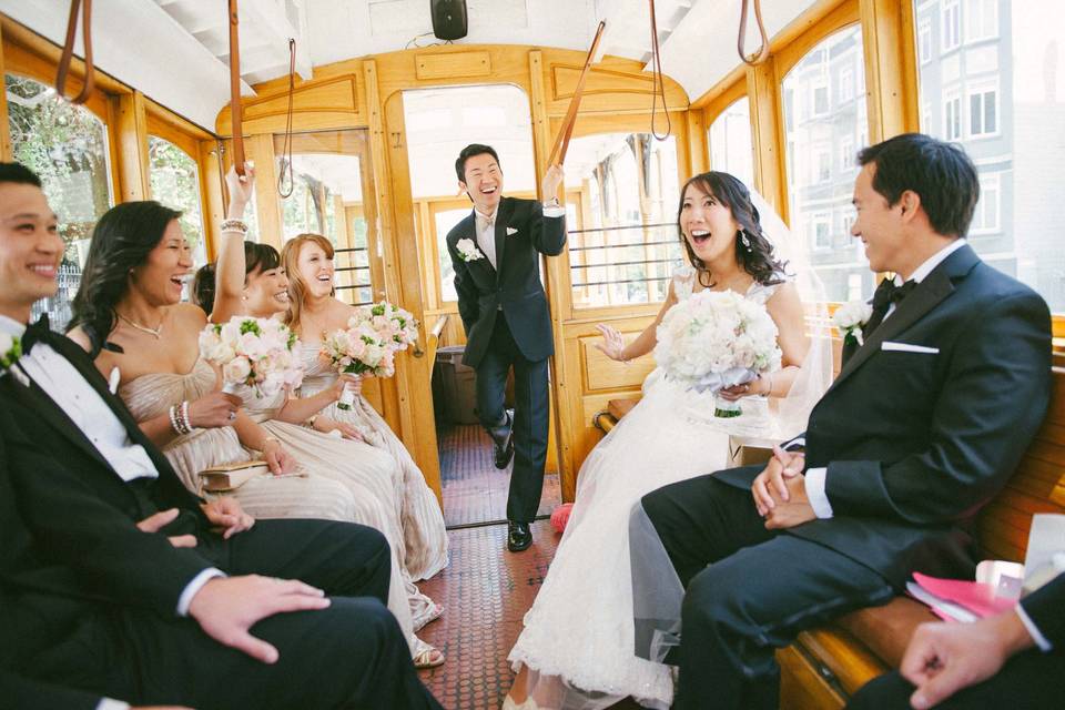 Wedding party on trolly