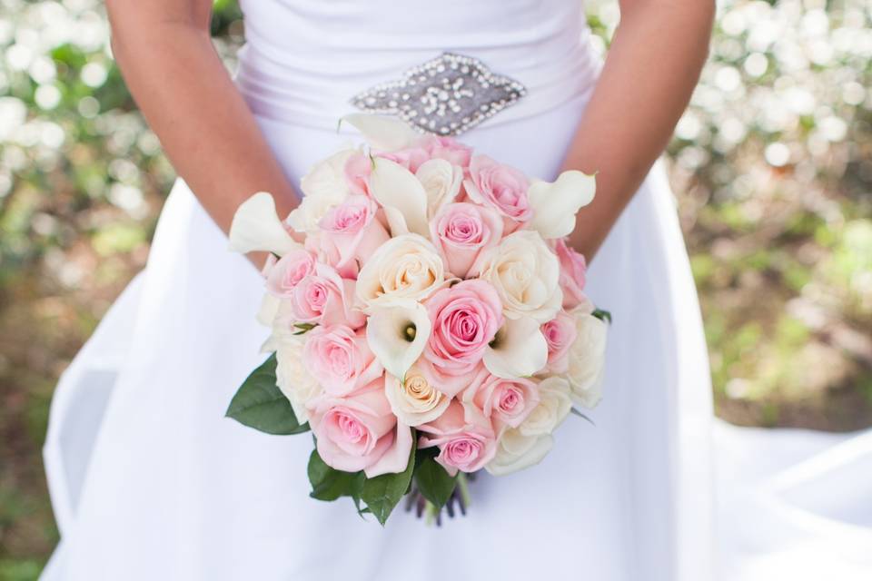 Bridal dress and bouquet