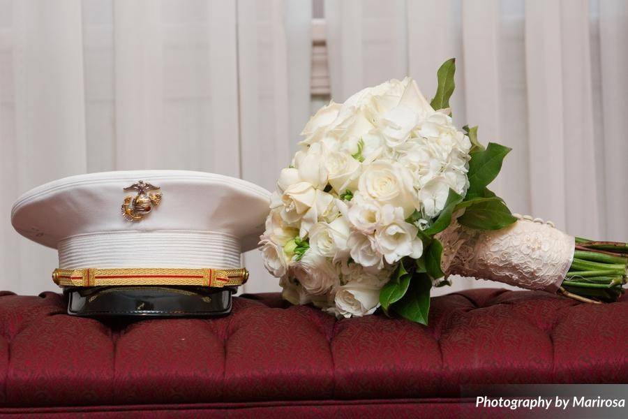 Groom's hat and bride's bouquet