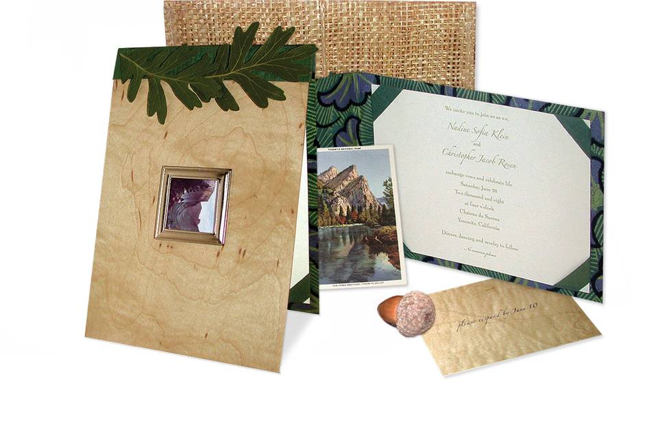 Yosemite Wedding: Designed with beautiful colorful flocked paper, wood veneer, tipped on oak leaves and small silver frame with vintage image of el Capitan. Vintage Yosemite postcard response.