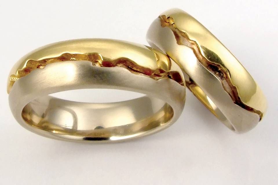 The Tectonic Plate Union Band.
14k white and 18k yellow gold custom homemade wedding bands