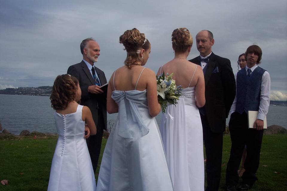 Bride walking towards the flower girl