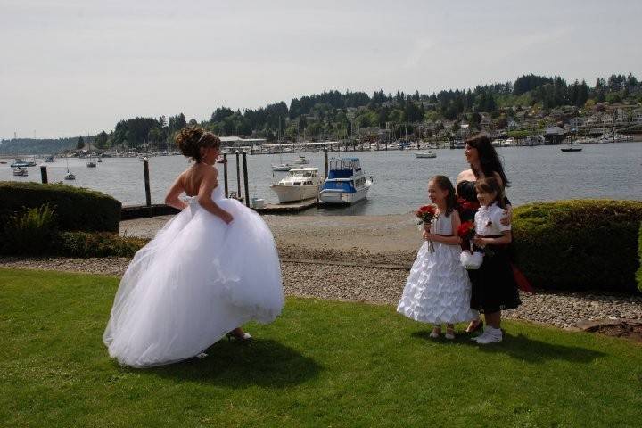 Bride walking towards the flower girl