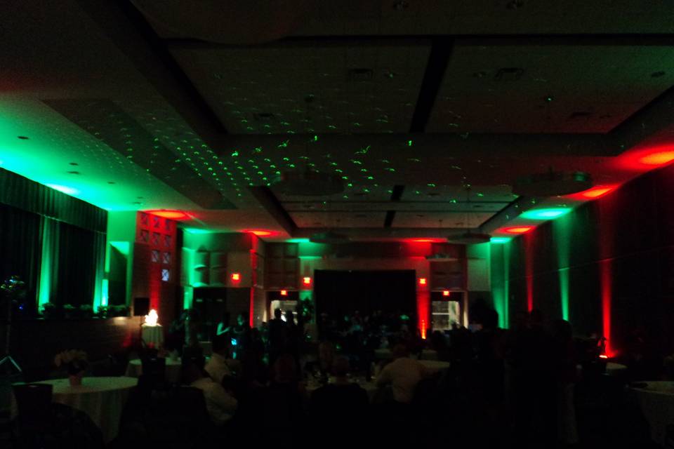 Red and green reception hall lighting