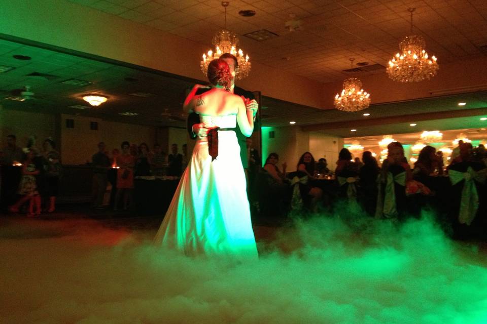 Red and green reception hall lighting