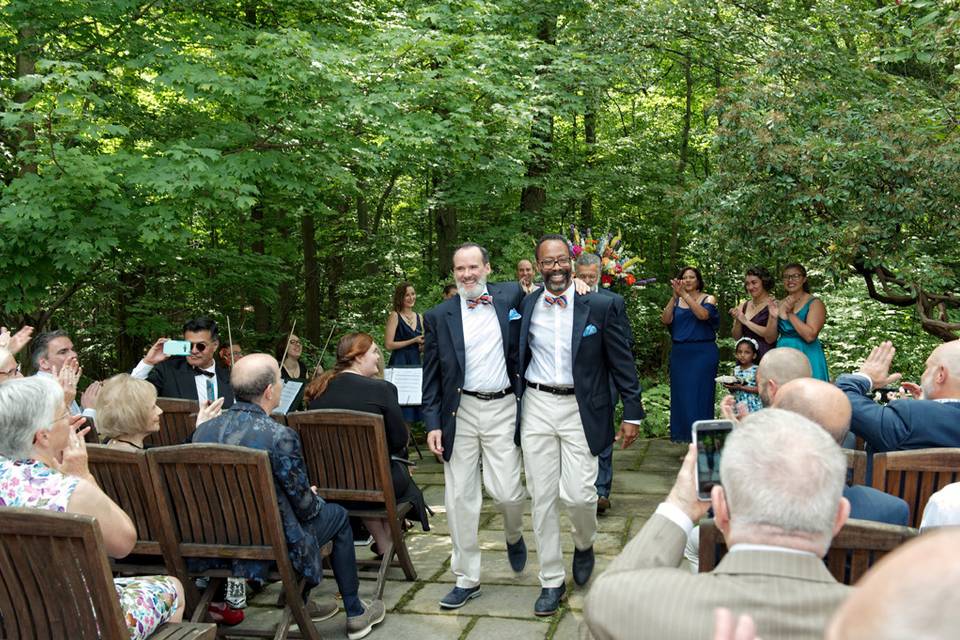 Richard and Geoffrey after sharing wedding vows with family and friends.  Wedding and reception at the beautiful Lantern Court on the grounds of the Holden Arboretum.