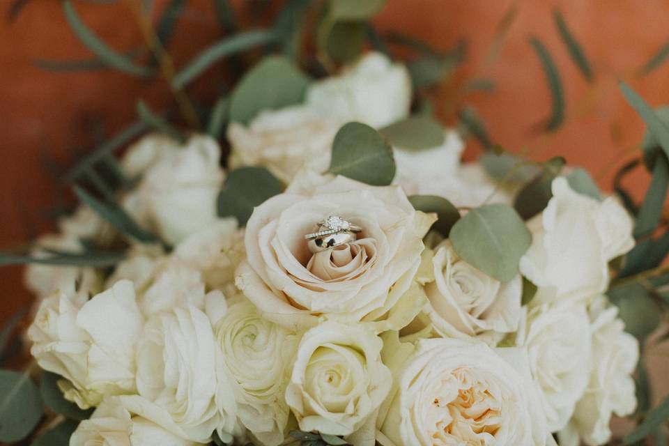 Wedding Rings on Bouquet