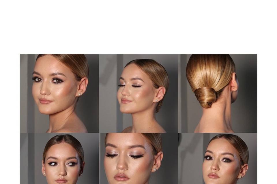 Glam makeup and sleek bun