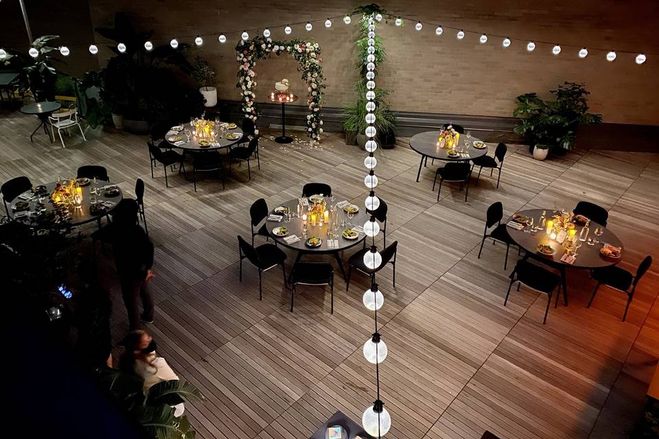 Outdoor patio with string lights