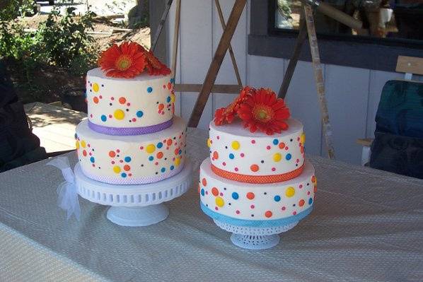 Bright multi-colored edible sugar polka dots.
Hers and hers