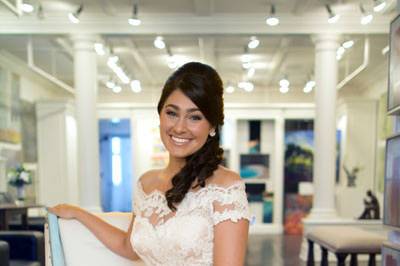 Our Charleston bride, Jen, wears a custom Annie tea-length gown in ivory lace over blush with the sweetest heels in Modern Trousseau's signature blue. Photo courtesy of the bride.