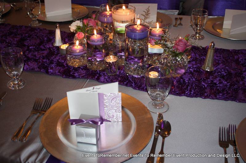 Rosette table runners with silver chargers