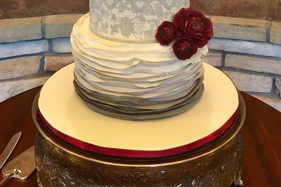 Grey lace and handmade sugar flowers.