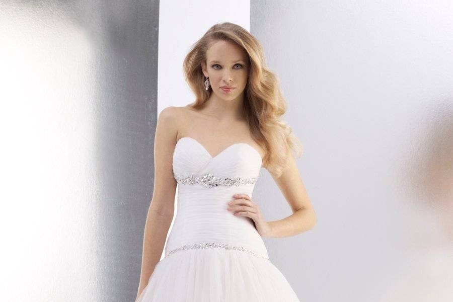 Style T557This retro tulle tea length ball gown features silver embroidery and beaded accents at the drop waist and bodice.