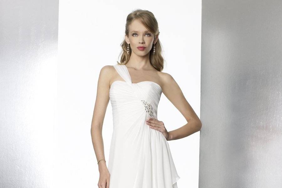 Style T568A Grecian inspired chiffon features draping along the front skirt and beaded accents at the waist.