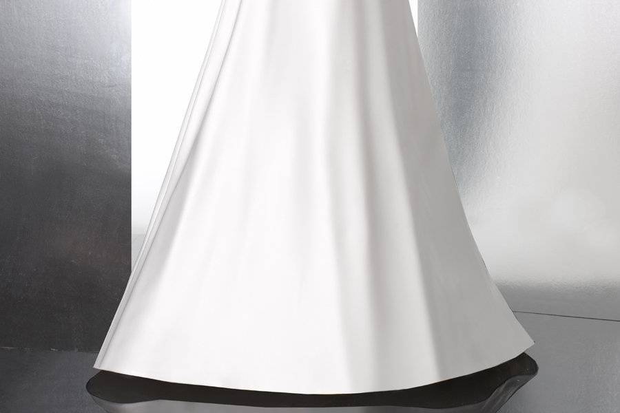 Style T574This satin A-line features a high lace neckline with a deep illusion V-neck back.