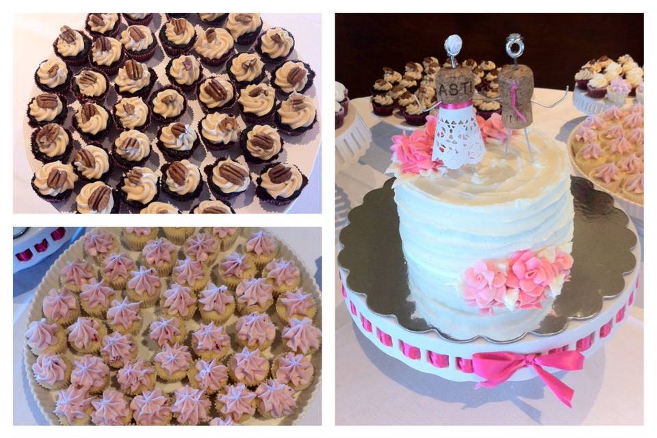 Mini cupcake buffet and small wedding cake the bride and groom can cut and save.