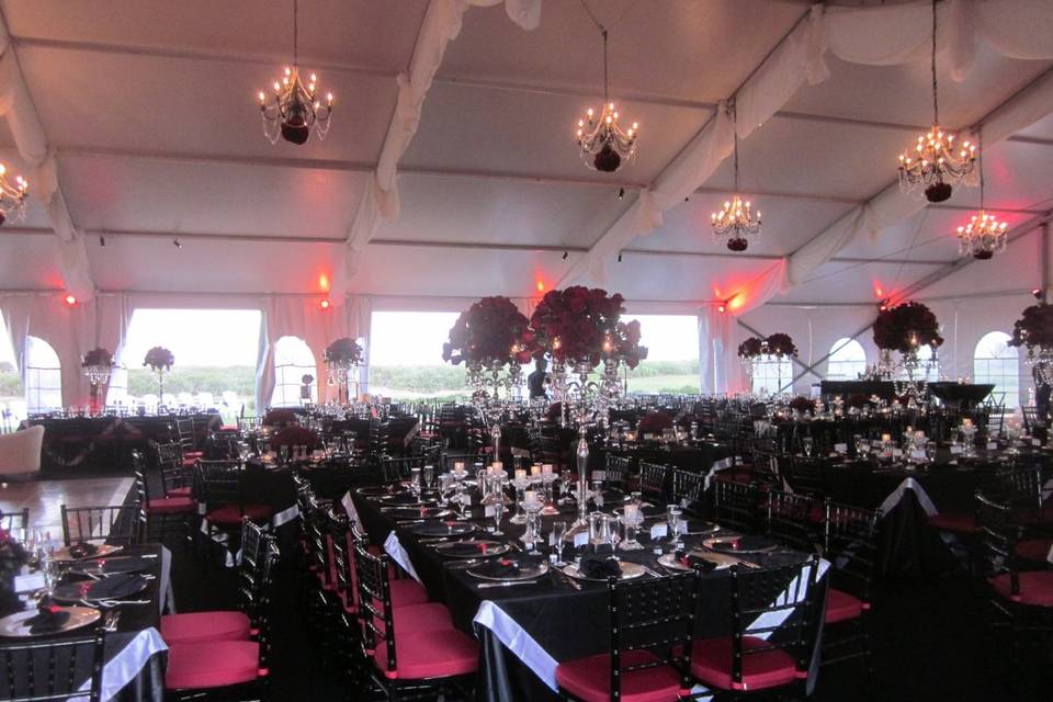 This was a nascar driver's wedding reception... His colors and the colors of the wedding are black and red and pretty much set the color pallet for this event located at hammock beach resort in palm coast florida