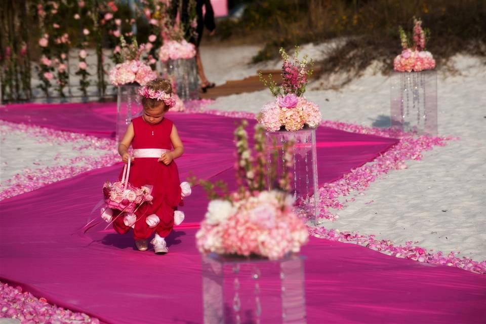 A tiny walk along a very long 120ft hot pink satin aisle. Quite the contrast against the white sands behind the historic don cesar hotel on the beach. The hot pink runner is boardered on both sides with a pave of rose petals