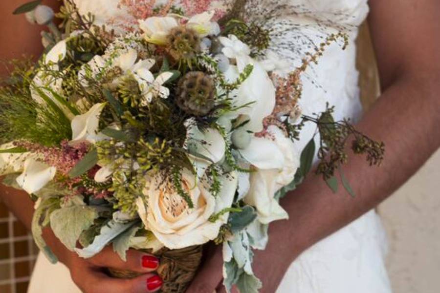 Lily's bouquet very organic with rosemary, herbs, lambs ear, stepahnotis, astilbe and more