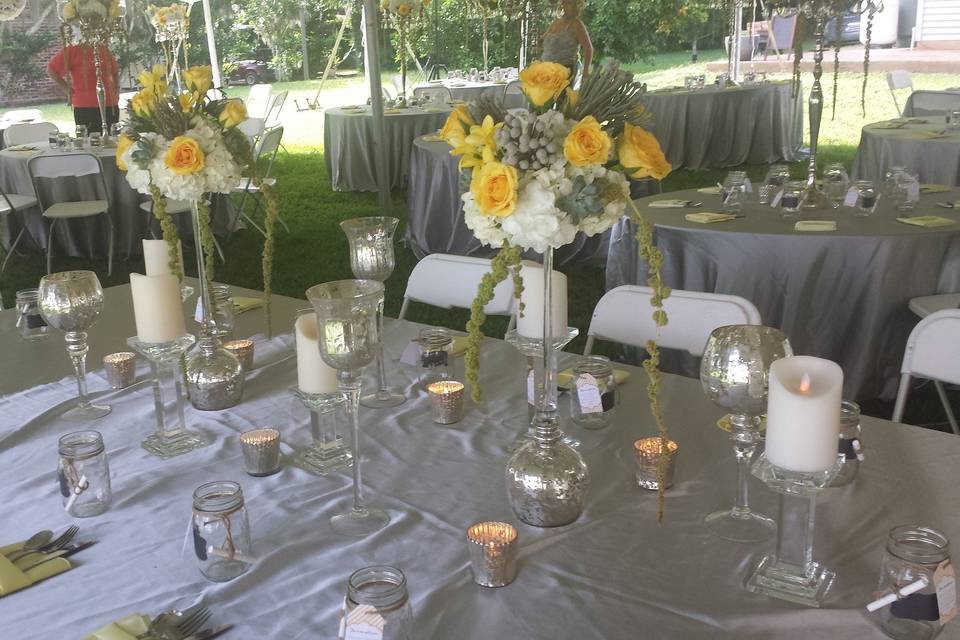 Silver and yellow table decor