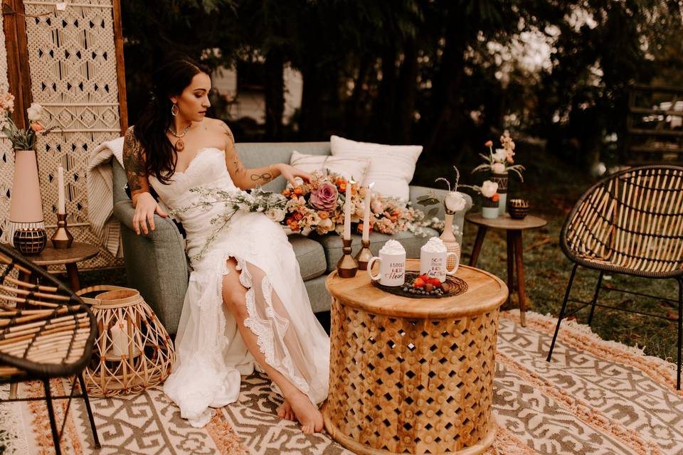 Bride sitting in her wedding dress