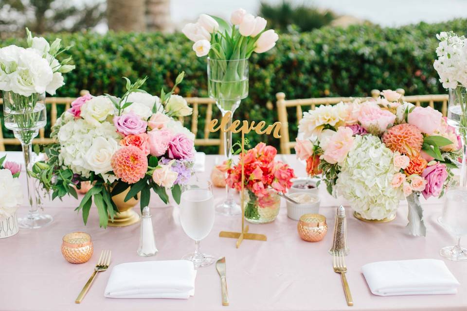 Table setting and floral centerpieces