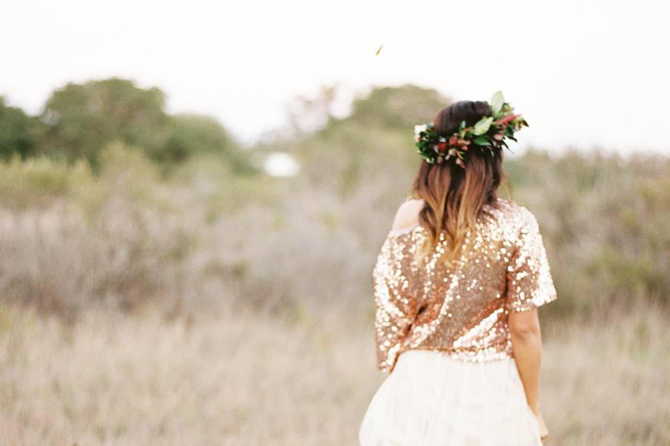 Bride walking in the field