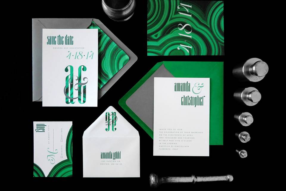 Malachite wedding invitations