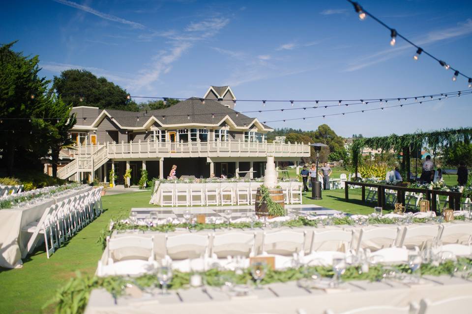 Under the Stars reception setup with long reception tables.