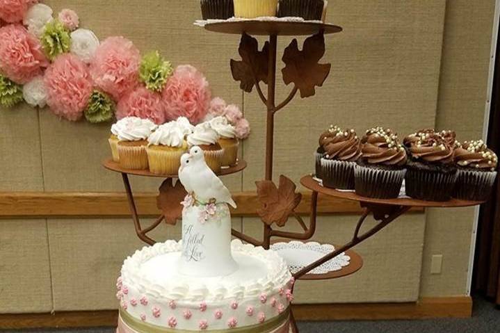 Dove cake and cupcake tower