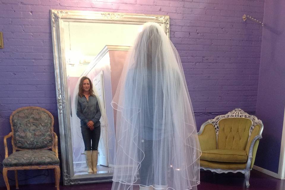 Custom Cathedral length veil, double layer waterfall with rattail trim.